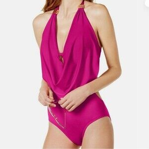 Bar III One Piece Swimsuit Womens M Magenta Halter Cutout Open Back